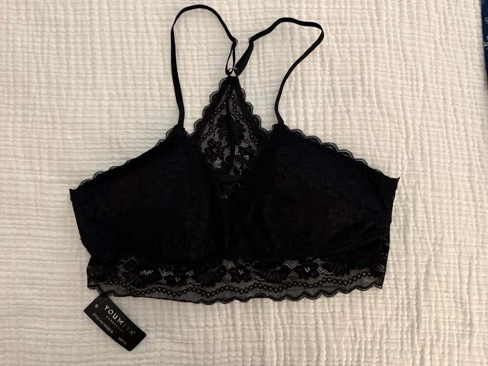Youmita Black Floral Lace Racerback Bralette XL NWT Padded Wireless